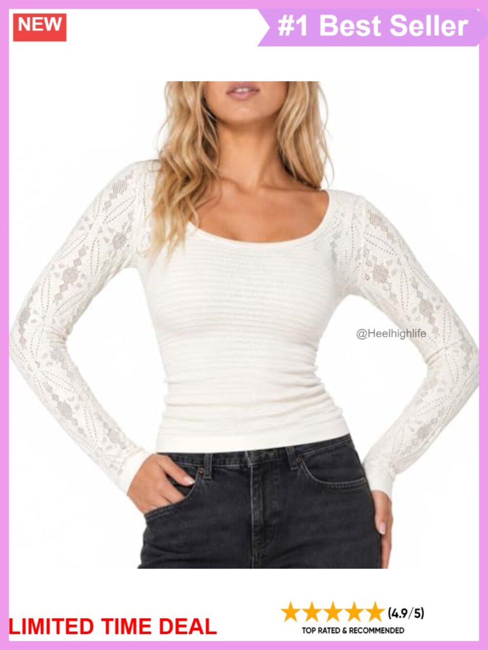 Seamless Long Sleeve Scoop Neck Fitted Stretch Tee Open Knit Sleeve Top